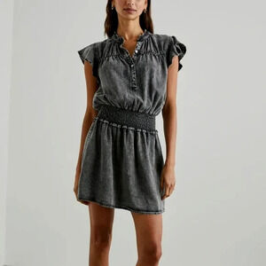 Rails Amina Mini Dress Size XS Black Acid Wash Tencel Denim Smocked Waist Boho